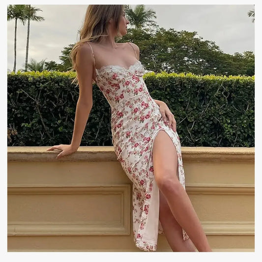 Floral Sweetheart Slit Dress